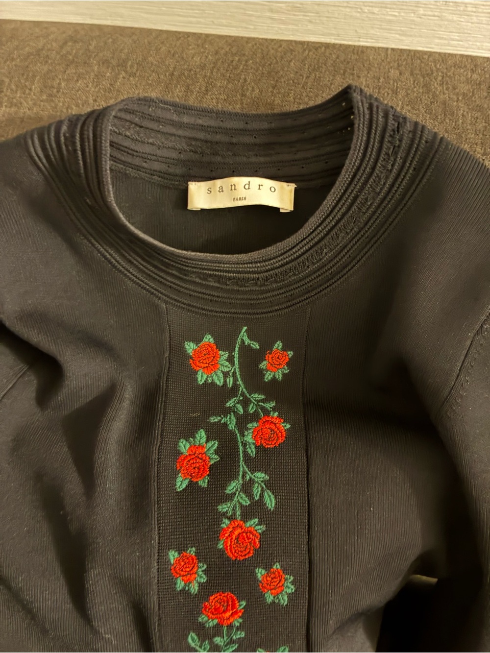 Sandro Paris Black Embroidered Rose Midi Dress